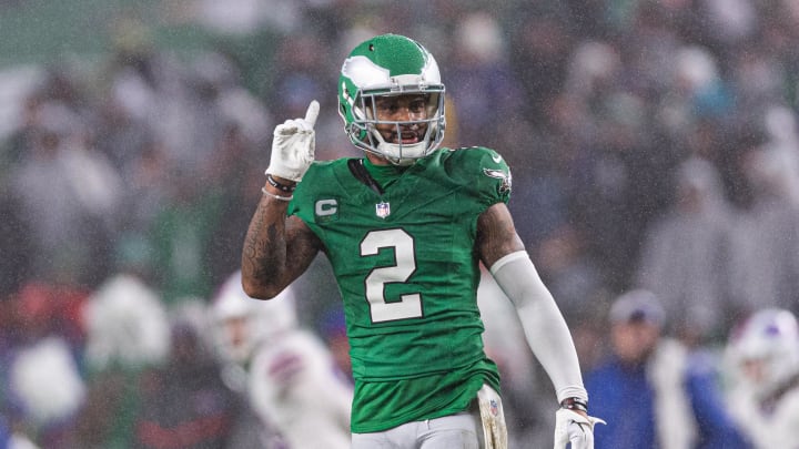 Nov 26, 2023; Philadelphia, Pennsylvania, USA; Philadelphia Eagles cornerback Darius Slay (2) reacts after breaking up a pass play against the Buffalo Bills during the second quarter at Lincoln Financial Field. Mandatory Credit: Bill Streicher-USA TODAY Sports