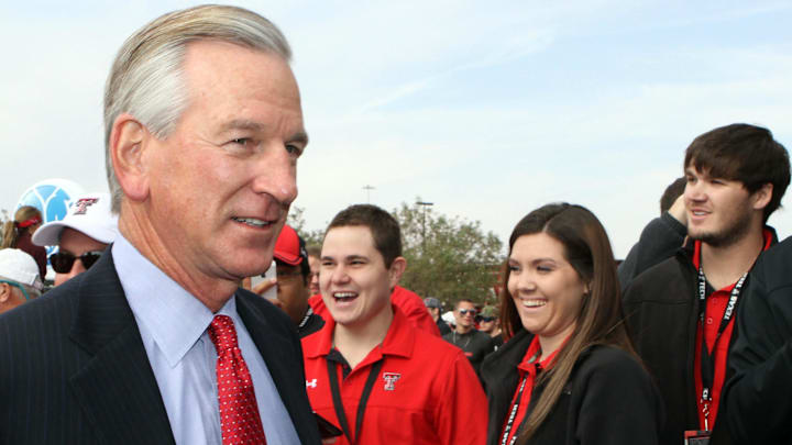 Nov 3, 2012; Lubbock, TX, USA; Texas Tech Red Raiders head coach Tommy Tuberville before the game with the Texas Longhorns at Jones AT&T Stadium. Mandatory Credit: Michael C. Johnson-Imagn Images