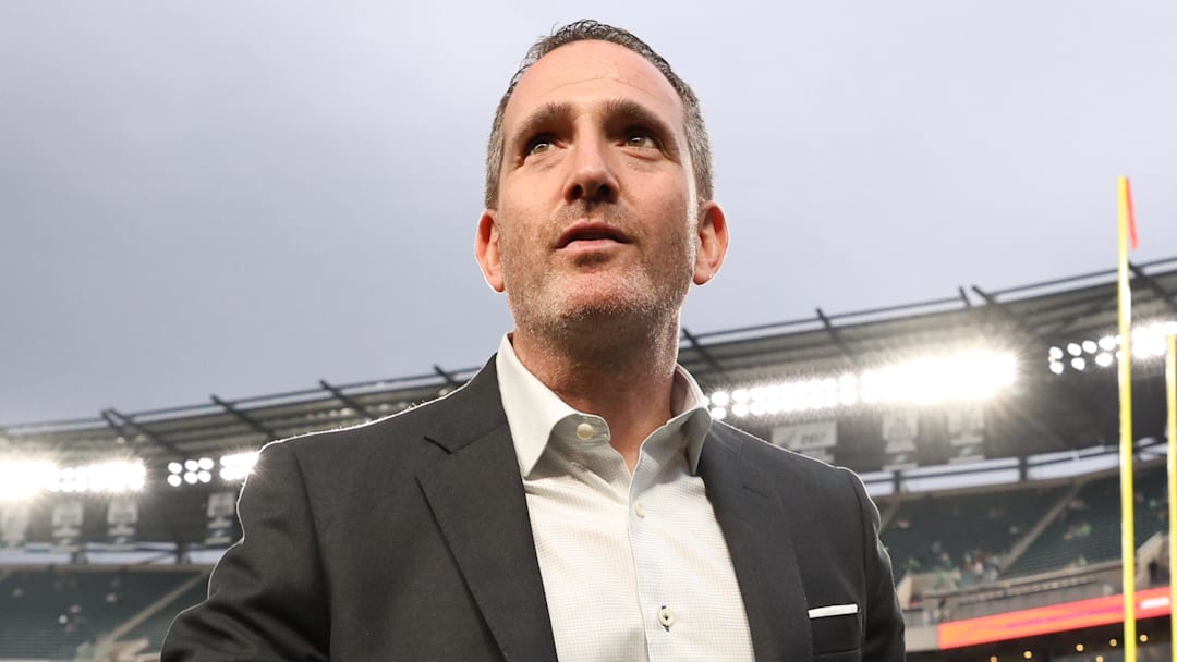 Sep 4, 2025; Philadelphia, Pennsylvania, USA; Philadelphia Eagles general manager Howie Roseman looks on before the game between the Philadelphia Eagles and the Dallas Cowboys at Lincoln Financial Field. Mandatory Credit: Bill Streicher-Imagn Images