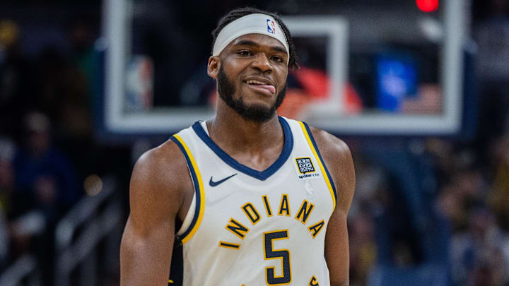 Indiana Pacers forward Jarace Walker (5) celebrates a made basket in the second half against the Orlando Magic at Gainbridge Fieldhouse.