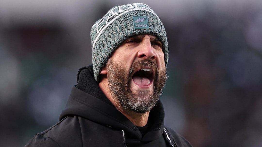 Nov 28, 2025; Philadelphia, Pennsylvania, USA; Philadelphia Eagles head coach Nick Sirianni reacts to a play against the Chicago Bears at Lincoln Financial Field. Mandatory Credit: Bill Streicher-Imagn Images