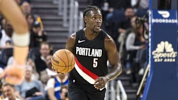 Oct 8, 2025; San Francisco, California, USA;  Portland Trail Blazers guard Jrue Holiday (5) takes the ball down the court against the Golden State Warriors during the second quarter at Chase Center. Mandatory Credit: John Hefti-Imagn Images