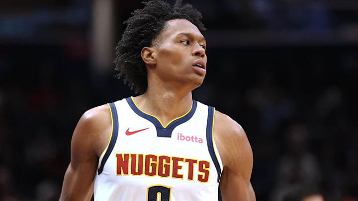 Jan 22, 2026; Washington, District of Columbia, USA; Denver Nuggets guard Peyton Watson (8) looks on during the second half against the Washington Wizards at Capital One Arena. Mandatory Credit: Daniel Kucin Jr.-Imagn Images