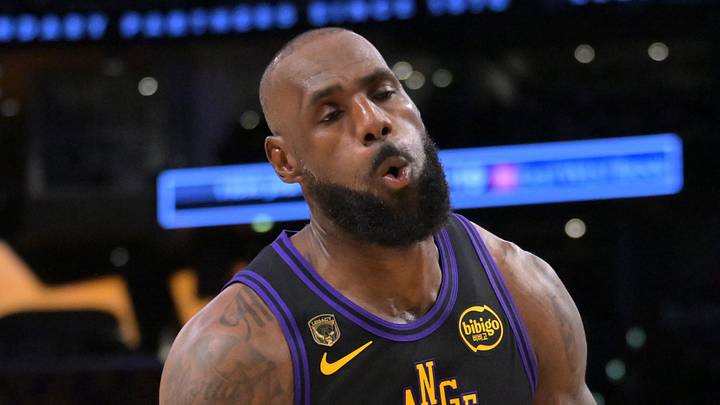 Apr 21, 2026; Los Angeles, California, USA; Los Angeles Lakers forward LeBron James (23) reacts after he was fouled by Houston Rockets forward Jae'Sean Tate (8) in the first half of game two of the first round of the 2026 NBA Playoffs at Crypto.com Arena. Mandatory Credit: Jayne Kamin-Oncea-Imagn Images