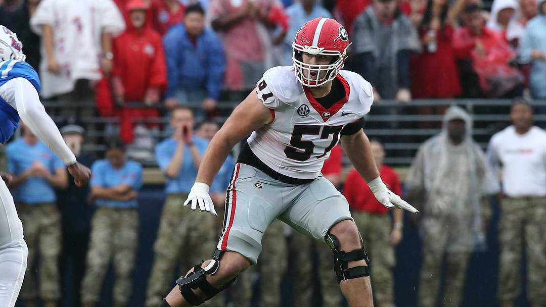 Nov 9, 2024; Oxford, Mississippi, USA; Georgia Bulldogs offensive lineman Monroe Freeling (57) blocks during the first half against the Mississippi Rebels at Vaught-Hemingway Stadium. Mandatory Credit: Petre Thomas-Imagn Images