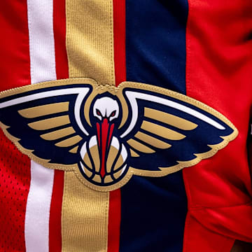 Mar 16, 2024; New Orleans, Louisiana, USA;  Detailed view of the New Orleans Pelicans logo on the shorts of forward Zion Williamson (1) against the Portland Trail Blazers during the second half at Smoothie King Center.