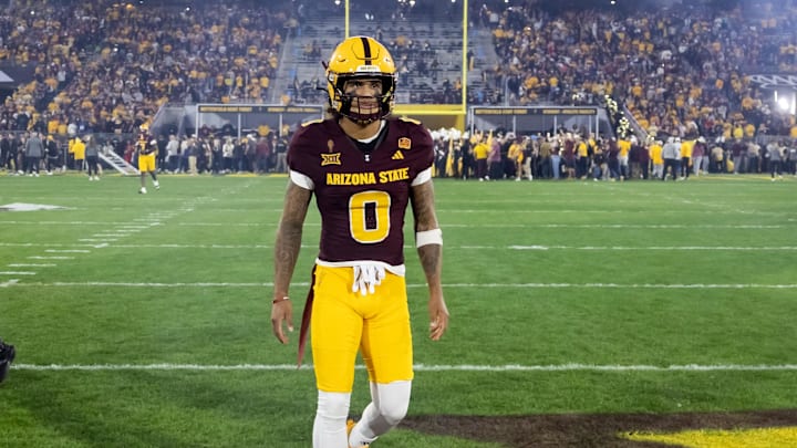 Nov 28, 2025; Tempe, Arizona, USA; Arizona State Sun Devils wide receiver Jordyn Tyson (0) against the Arizona Wildcats during the 99th Territorial Cup at Mountain America Stadium. Mandatory Credit: Mark J. Rebilas-Imagn Images