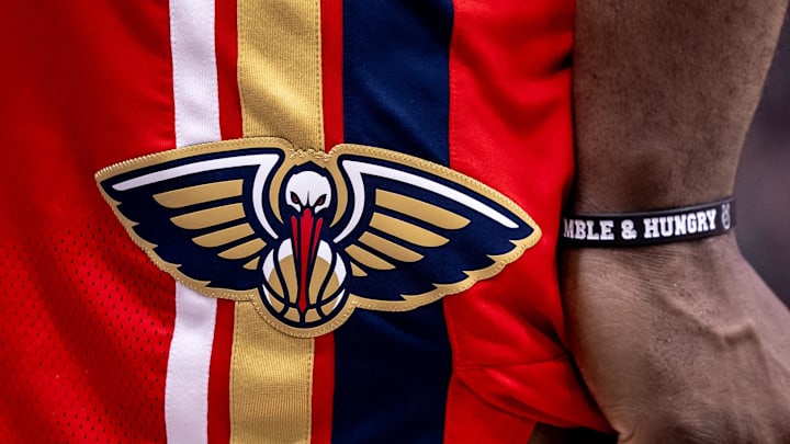 Mar 16, 2024; New Orleans, Louisiana, USA;  Detailed view of the New Orleans Pelicans logo on the shorts of forward Zion Williamson (1) against the Portland Trail Blazers during the second half at Smoothie King Center.