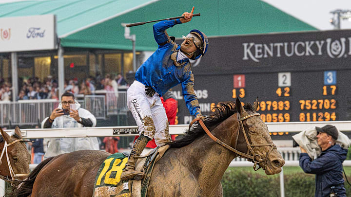 Jockey Junior Alvarado celebrated after riding Sovereignty to victory in the 151st Kentucky Derby.