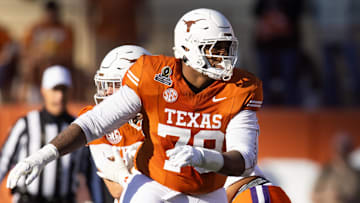 Dec 21, 2024; Austin, Texas, USA; Texas Longhorns offensive lineman Kelvin Banks Jr. (78) against the Clemson Tigers during the CFP National playoff first round at Darrell K Royal-Texas Memorial Stadium. Mandatory Credit: Mark J. Rebilas-Imagn Images