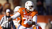 Dec 21, 2024; Austin, Texas, USA; Texas Longhorns offensive lineman Kelvin Banks Jr. (78) against the Clemson Tigers during the CFP National playoff first round at Darrell K Royal-Texas Memorial Stadium. Mandatory Credit: Mark J. Rebilas-Imagn Images