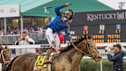 Jockey Junior Alvarado celebrated after riding Soverignty to victory in the 151st Kentucky Derby at Churchill Downs in Louisville, Kentucky. May 3, 2025