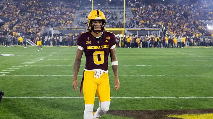 Nov 28, 2025; Tempe, Arizona, USA; Arizona State Sun Devils wide receiver Jordyn Tyson (0) against the Arizona Wildcats during the 99th Territorial Cup at Mountain America Stadium. Mandatory Credit: Mark J. Rebilas-Imagn Images