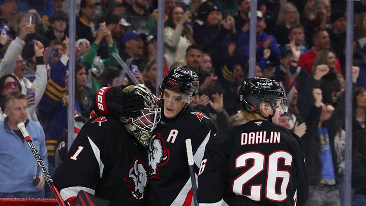 Buffalo Sabres goaltender Ukko-Pekka Luukkonen, center Tage Thompson and defenseman Rasmus Dahlin