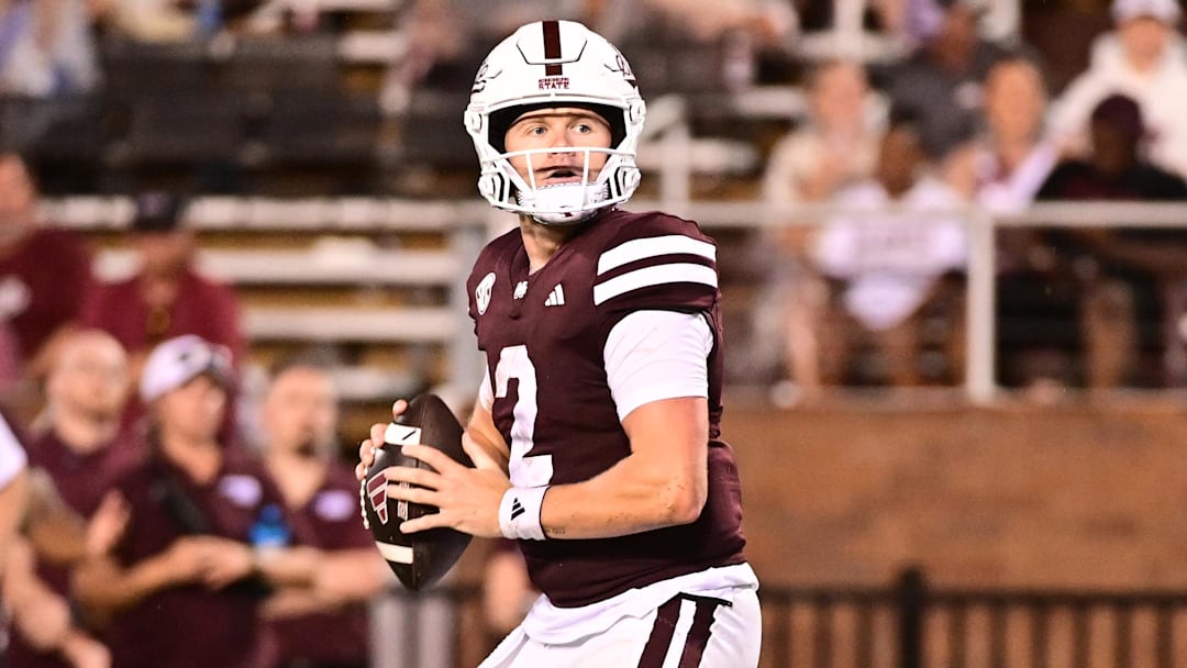 Aug 31, 2024; Starkville, Mississippi, USA; Mississippi State Bulldogs quarterback Blake Shapen (2) drops back to pass against the Eastern Kentucky Colonels during the third quarter at Davis Wade Stadium at Scott Field. Mandatory Credit: Matt Bush-Imagn Images