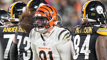 Jan 4, 2025; Pittsburgh, Pennsylvania, USA; Cincinnati Bengals defensive end Trey Hendrickson (91) celebrates a stop against the Pittsburgh Steelers in the fourth quarter at Acrisure Stadium. The Bengals won 19-17 to finish the regular season at 9-8. Mandatory Credit: Sam Greene/USA TODAY Network via Imagn Images