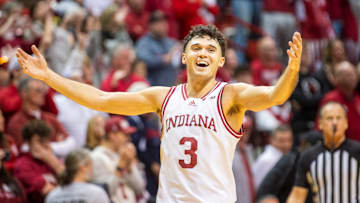 Indiana's Anthony Leal (3) celebrates during the Indiana versus Purdue men's basketball game at Simon Skjodt Assembly Hall on Sunday, Feb. 23, 2025.