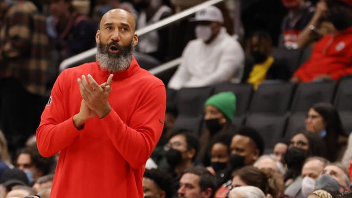 Jan 19, 2022; Washington, District of Columbia, USA; Washington Wizards acting. Head coach Joseph Blair reacts against the Brooklyn Nets during the fourth quarter at Capital One Arena. Mandatory Credit: Geoff Burke-USA TODAY Sports