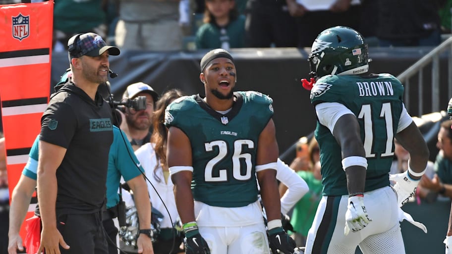 Eagles coach Nick Sirianni says he's not too concerned with Saquon Barkley's recent comments about a potential early retirement. | Eric Hartline-Imagn Images