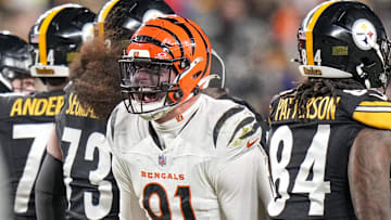 Jan 4, 2025; Pittsburgh, Pennsylvania, USA; Cincinnati Bengals defensive end Trey Hendrickson (91) celebrates a stop against the Pittsburgh Steelers in the fourth quarter at Acrisure Stadium. The Bengals won 19-17 to finish the regular season at 9-8. Mandatory Credit: Sam Greene/USA TODAY Network via Imagn Images