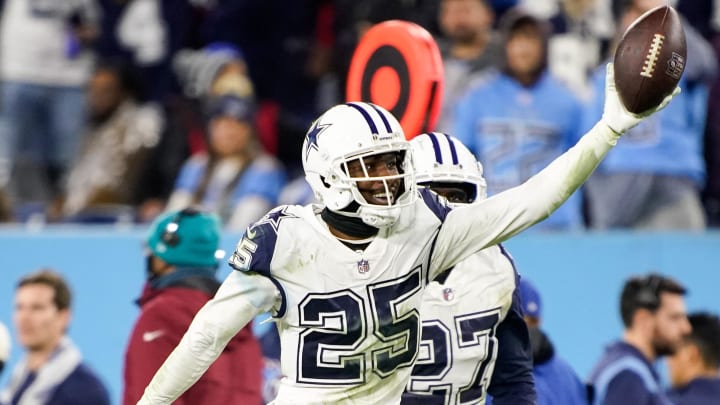 Dec 29, 2022; Nashville, Tennessee, USA; Dallas Cowboys cornerback Nahshon Wright (25) celebrates his interception against the Tennessee Titans during the fourth quarter at Nissan Stadium. Mandatory Credit: Andrew Nelles-USA TODAY Sports