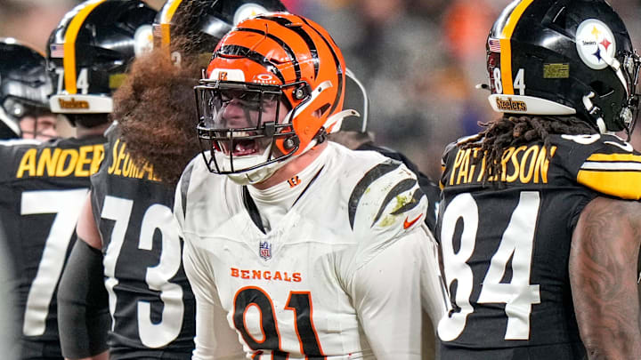 Cincinnati Bengals defensive end Trey Hendrickson (91) celebrates a stop in the fourth quarter of the NFL Week 18 game between the Pittsburgh Steelers and the Cincinnati Bengals at Acrisure Stadium in Pittsburgh on Saturday, Jan. 4, 2025. The Bengals won 19-17 to finish the regular season at 9-8.