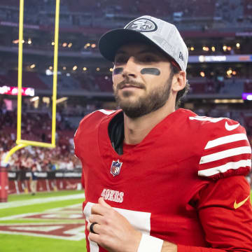 Dec 17, 2023; Glendale, Arizona, USA; San Francisco 49ers quarterback Brandon Allen (17) against the Arizona Cardinals at State Farm Stadium. Mandatory Credit: Mark J. Rebilas-USA TODAY Sports