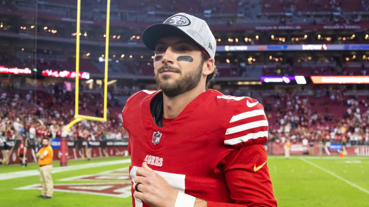 Dec 17, 2023; Glendale, Arizona, USA; San Francisco 49ers quarterback Brandon Allen (17) against the Arizona Cardinals at State Farm Stadium. Mandatory Credit: Mark J. Rebilas-USA TODAY Sports