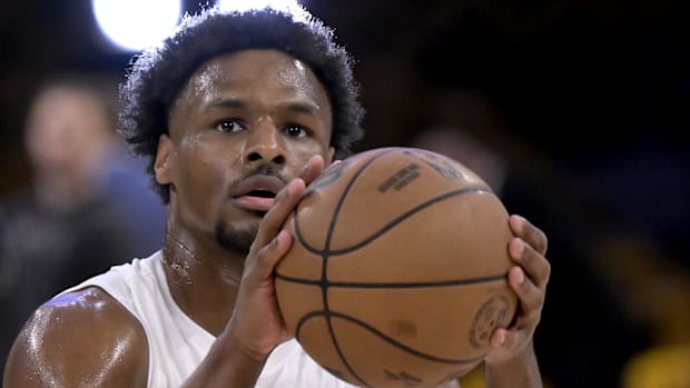 Apr 19, 2025; Los Angeles, California, USA;  Los Angeles Lakers guard Bronny James (9) warms up prior to the game against the