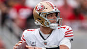 September 28, 2025; Santa Clara, California, USA; San Francisco 49ers quarterback Brock Purdy (13) during the third quarter against the Jacksonville Jaguars at Levi's Stadium. Mandatory Credit: Kyle Terada-Imagn Images