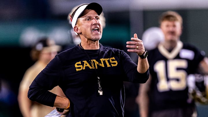 Aug 20, 2024; New Orleans, LA, USA;  New Orleans Saints head coach Dennis Allen gives direction during practice at Yulman Stadium (Tulane). Mandatory Credit: Stephen Lew-Imagn Images