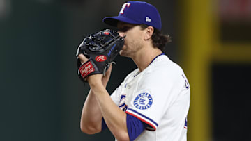 Apr 29, 2025; Arlington, Texas, USA; Texas Rangers pitcher Jacob deGrom (48) looks to pitch the ball during the third inning against the Oakland Athletics at Globe Life Field