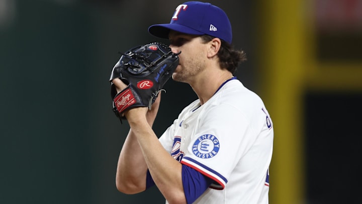 Apr 29, 2025; Arlington, Texas, USA; Texas Rangers pitcher Jacob deGrom (48) looks to pitch the ball during the third inning against the Oakland Athletics at Globe Life Field