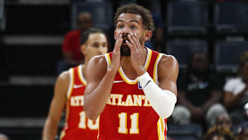 Oct 11, 2025; Memphis, Tennessee, USA; Atlanta Hawks guard Trae Young (11) reacts during the third quarter against the Memphis Grizzlies at FedExForum. Mandatory Credit: Petre Thomas-Imagn Images