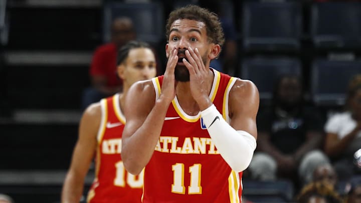 Oct 11, 2025; Memphis, Tennessee, USA; Atlanta Hawks guard Trae Young (11) reacts during the third quarter against the Memphis Grizzlies at FedExForum. Mandatory Credit: Petre Thomas-Imagn Images