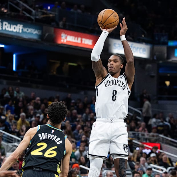 Brooklyn Nets guard Lonnie Walker IV (8) shoots the ball while Indiana Pacers guard Ben Sheppard (26) contests him.