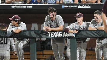 Jun 24, 2024; Omaha, NE, USA;  Texas A&M Aggies right fielder Jace Laviolette (17) looks over the field after the loss against the Tennessee Volunteers at Charles Schwab Field Omaha. Mandatory Credit: Steven Branscombe-USA TODAY Sports