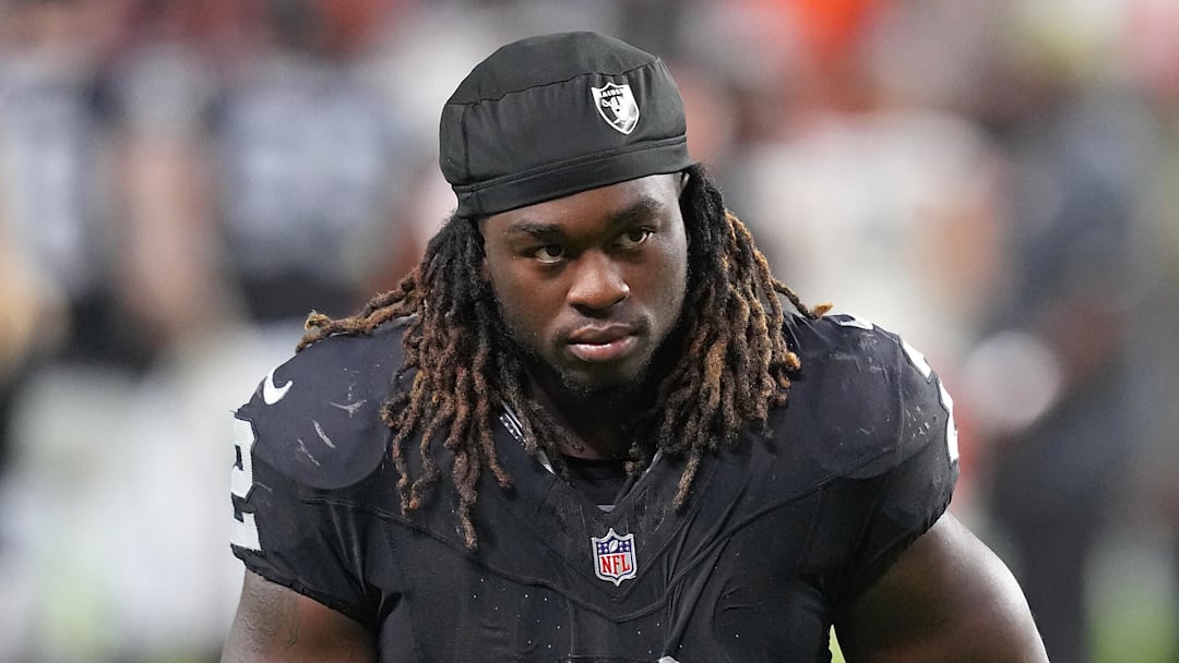 Nov 23, 2025; Paradise, Nevada, USA; Las Vegas Raiders running back Ashton Jeanty (2) walks off the field after the Cleveland Browns defeated the Raiders 24-10 at Allegiant Stadium. Mandatory Credit: Stephen R. Sylvanie-Imagn Images