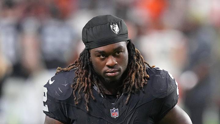 Nov 23, 2025; Paradise, Nevada, USA; Las Vegas Raiders running back Ashton Jeanty (2) walks off the field after the Cleveland Browns defeated the Raiders 24-10 at Allegiant Stadium. Mandatory Credit: Stephen R. Sylvanie-Imagn Images