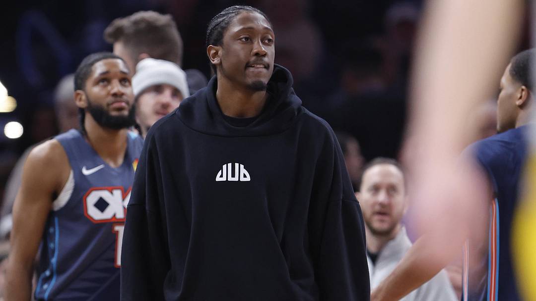 Jan 23, 2026; Oklahoma City, Oklahoma, USA; Oklahoma City Thunder guard/forward Jalen Williams (8) watches his team play against the Indiana Pacers during the second half at Paycom Center. Mandatory Credit: Alonzo Adams-Imagn Images