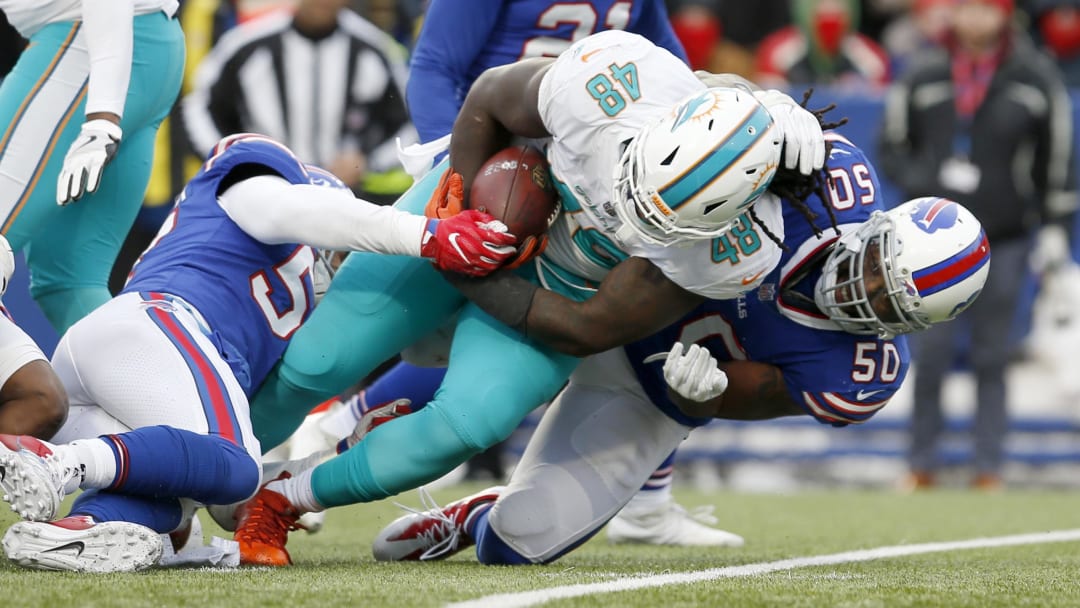 Miami Dolphins tight end MarQueis Gray against the Buffalo Bills late in the 2017 season.