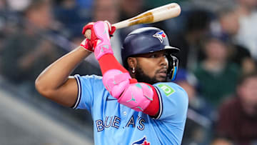 Blue Jays first baseman Vladimir Guerrero bats during a 2024 game against the Boston Red Sox in Toronto.