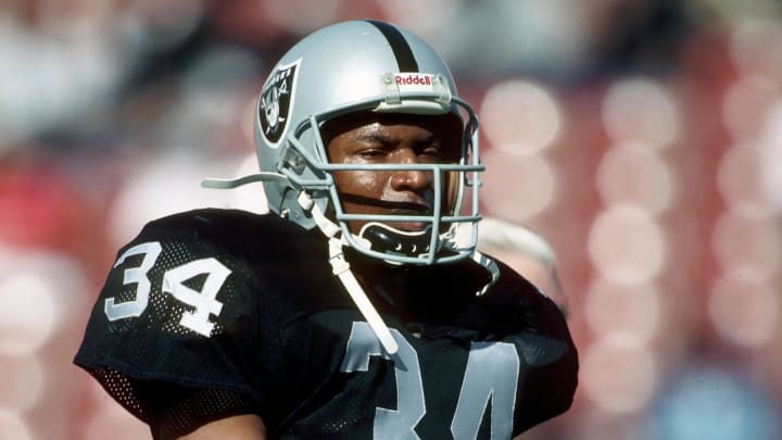 Jan 13, 1991; Los Angeles, CA, USA; FILE PHOTO; Bo Jackson of the Los Angeles Raiders in action against the Cincinnati Bengals during the 1990 season playoffs at the Los Angeles Coliseum. Mandatory Credit: Photo By USA TODAY Sports





