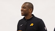 Oct 2, 2023; Phoenix, AZ, USA; Phoenix Suns general manager James Jones poses for a portrait during media day at Footprint Center. Mandatory Credit: Mark J. Rebilas-Imagn Images