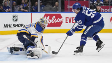 Feb 13, 2024; Toronto, Ontario, CAN; St. Louis Blues goaltender Jordan Binnington (50) makes a save