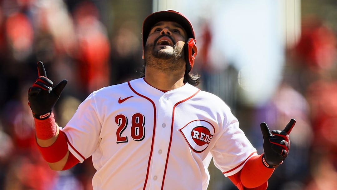 Mar 29, 2026; Cincinnati, Ohio, USA; Cincinnati Reds third baseman Eugenio Suarez (28) reacts after hitting a three-run home run in the sixth inning against the Boston Red Sox at Great American Ball Park. Mandatory Credit: Katie Stratman-Imagn Images
