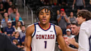 Gonzaga Bulldogs guard Michael Ajayi (1) is announced with the starting lineup before their exhibition game at Acrisure Arena in Palm Desert, Calif., Saturday, Oct. 26, 2024.