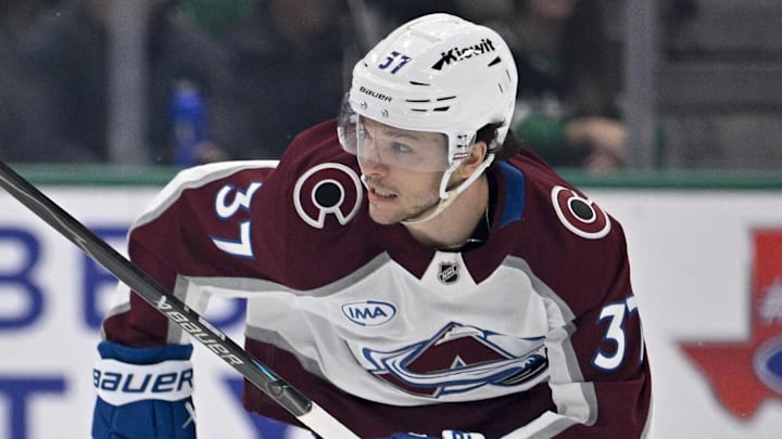 Apr 4, 2026; Dallas, Texas, USA; Colorado Avalanche defenseman Nick Blankenburg (37)  skates against the Dallas Stars during the game between the Stars and the Avalanche at American Airlines Center. Mandatory Credit: Jerome Miron-Imagn Images
