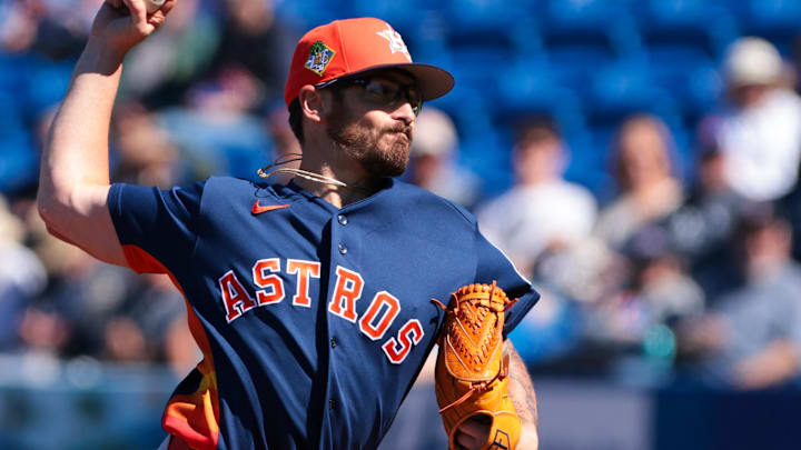 Feb 24, 2026; Port St. Lucie, Florida, USA; Houston Astros relief pitcher J.P. France delivers a pitch against the New York Mets during the second inning at Clover Park. Mandatory Credit: Sam Navarro-Imagn Images