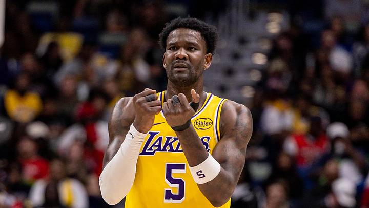 Jan 6, 2026; New Orleans, Louisiana, USA;  Los Angeles Lakers center Deandre Ayton (5) reacts to a play against the New Orleans Pelicans during the second half at Smoothie King Center. Mandatory Credit: Stephen Lew-Imagn Images